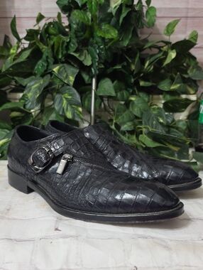 Jo Ghost Italian Blk Croc-Embossed Zipper Leather Monk Strap Dress Shoes 43/US10